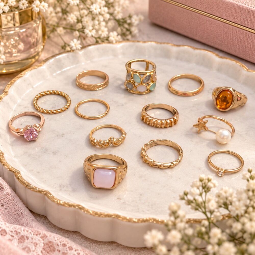 13 Pc Gold Tone Ring Lot Pink Stone Amber Pearl Floral Stackable Boho Jewelry